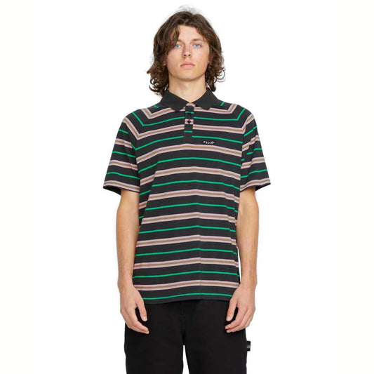 Volcom Edges Short Sleeve Polo T-Shirt Stealth Green Striped