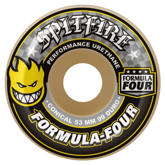 Spitfire Formula Four Conical Skateboard Wheels 99DU Yellow print 52mm Natural