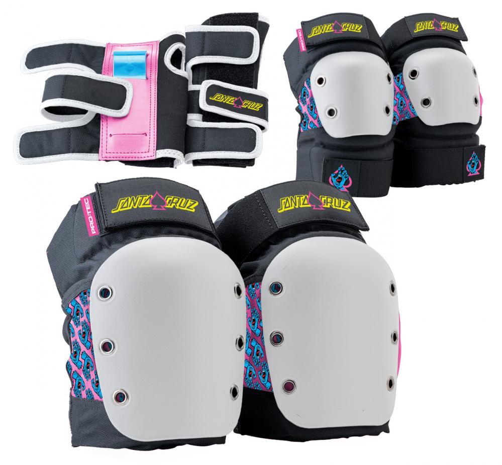 Pro-Tec Skateboard Pads Street Junior 3-PK Open Back Santa Cruz Black/White/Pink Youth