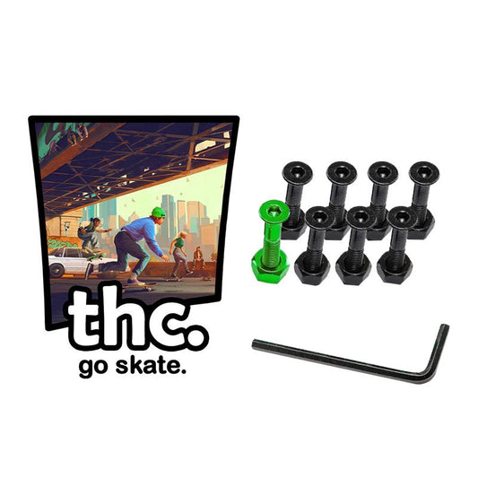 THC The Hardware Company Skate Green Skateboard Nuts & Bolts 1" Allen Key & Sticker