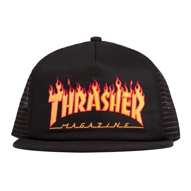 Thrasher Mesh Trucker Cap Flame Logo Embroidered Black