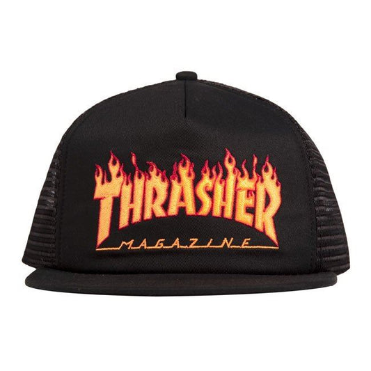 Thrasher Mesh Trucker Cap Flame Logo Embroidered Black