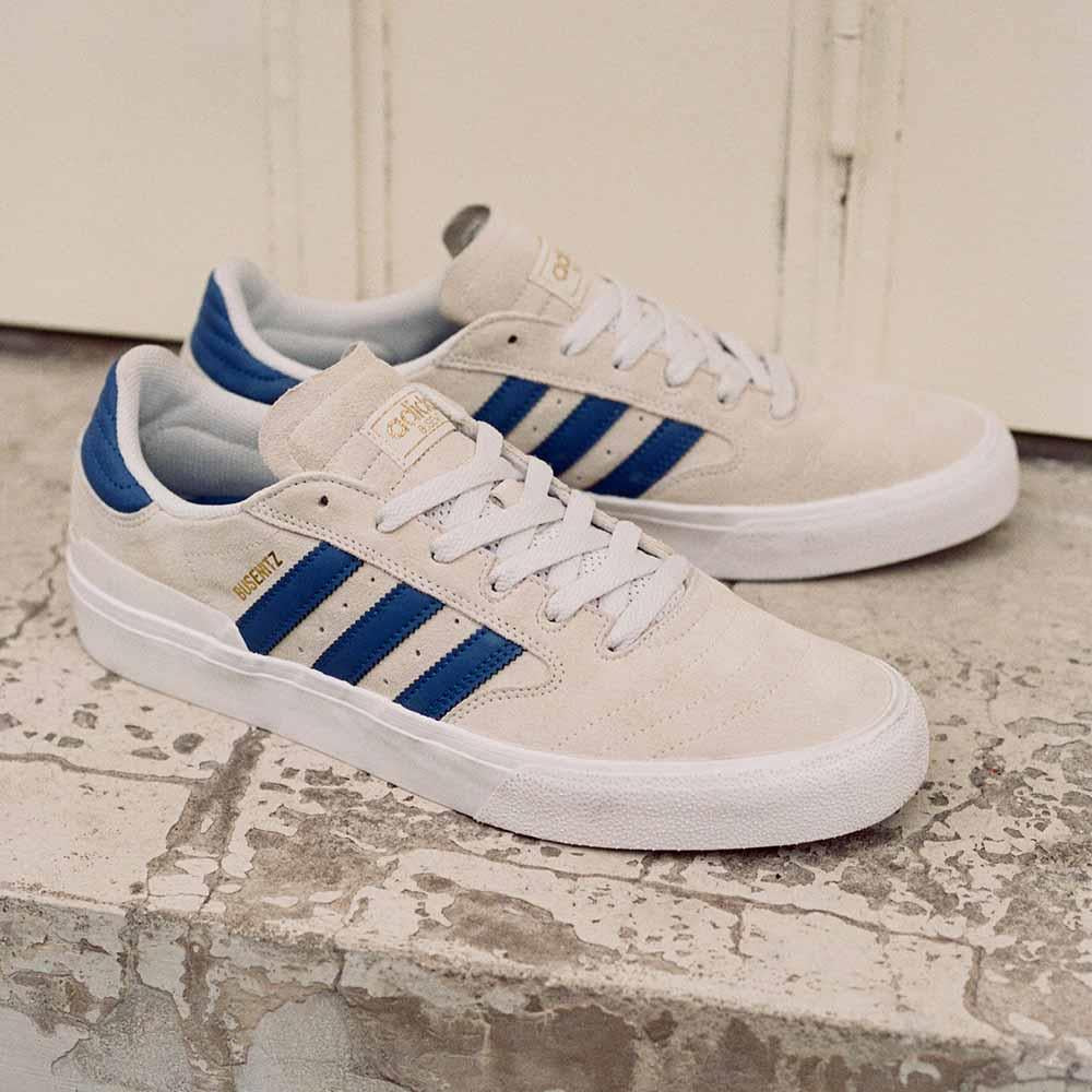 Adidas Skateboarding Busenittz Vulc 11 Crystal White Royal Blue Gold Metallic Skate Shoes