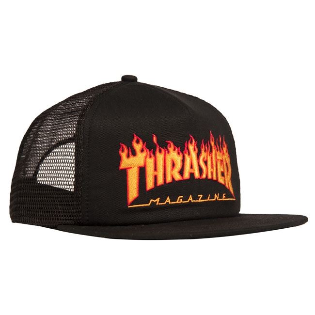 Thrasher Mesh Trucker Cap Flame Logo Embroidered Black
