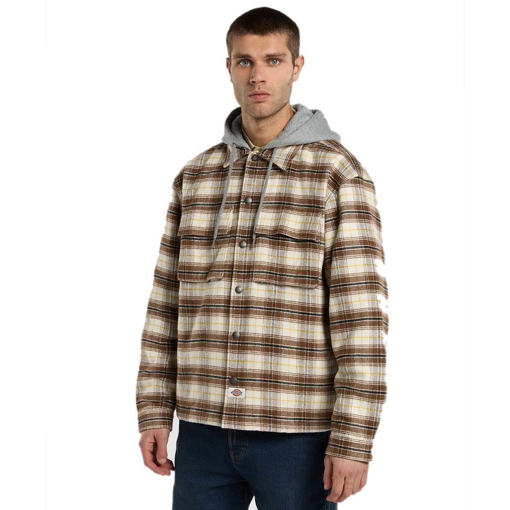 Dickies Eustis Hooded Flannel Shacket Egret Checkered
