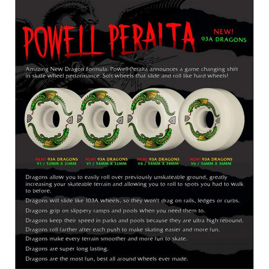 Powell Dragon Formula Skateboard Wheels Off White 93A Dragons V6 54mm x 34mm